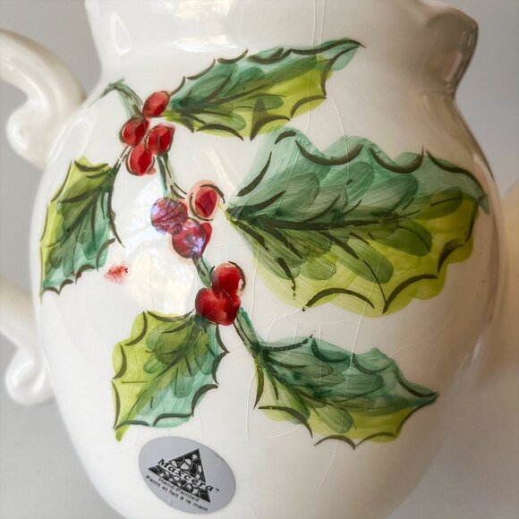 Vintage Hand Painted Christmas Teapot Top Hat Snowman Holly Berries by Maxcera - Picture 7 of 8